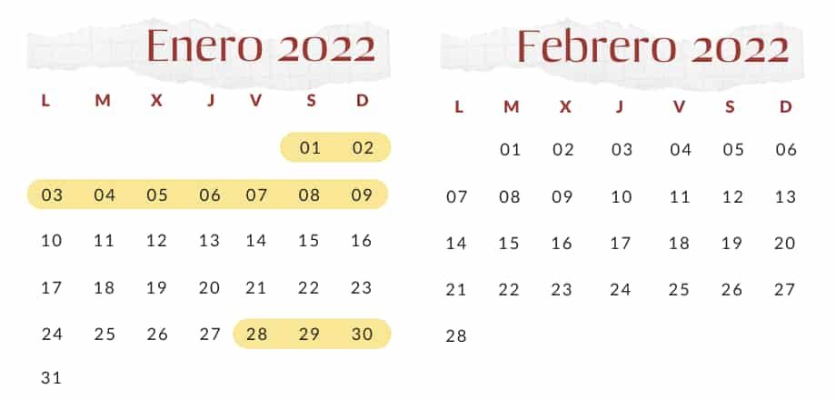 2022 calendario alquiler autocaravana Enero y febrero